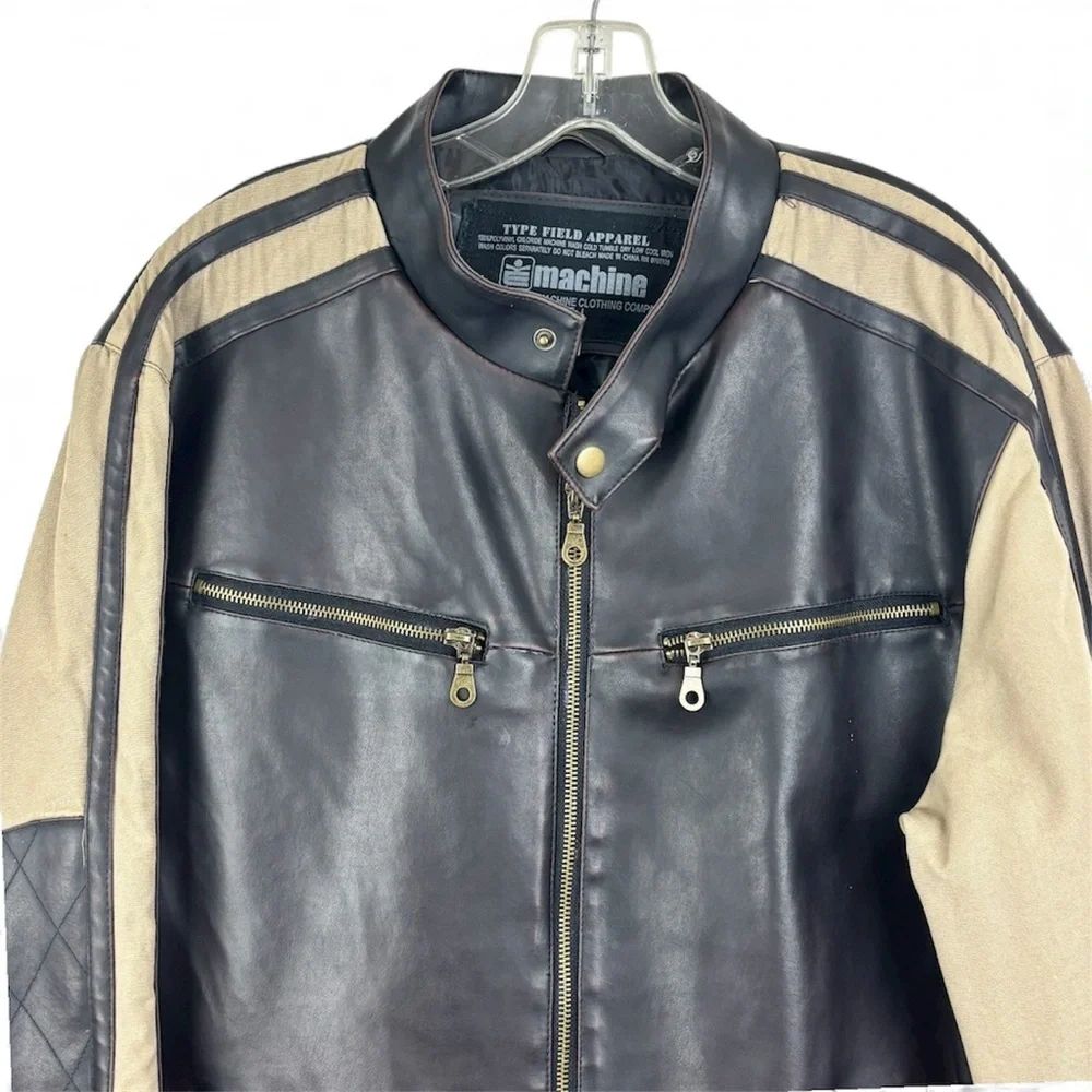 Machine Faux Leather Two-Tone Black and Tan Bomber/Biker Jacket Size L Outdoor